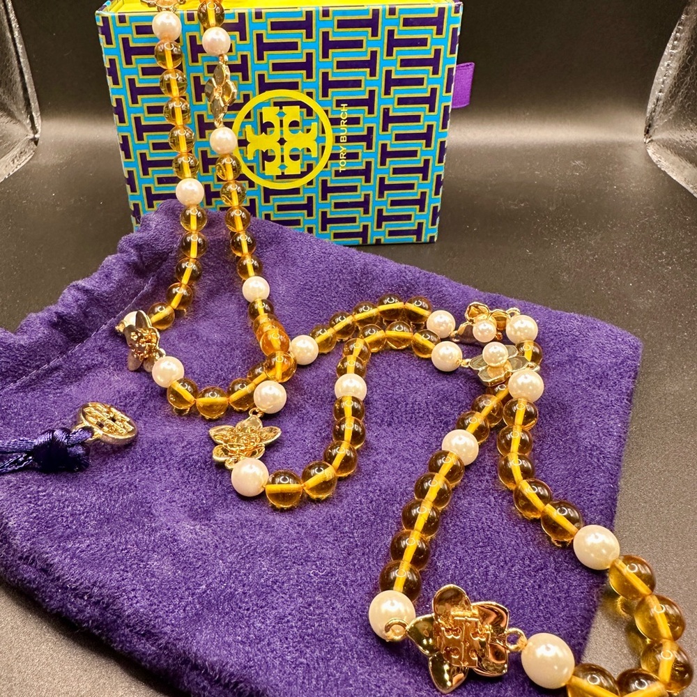 Tory Burch amber color beads and Pearl Necklace